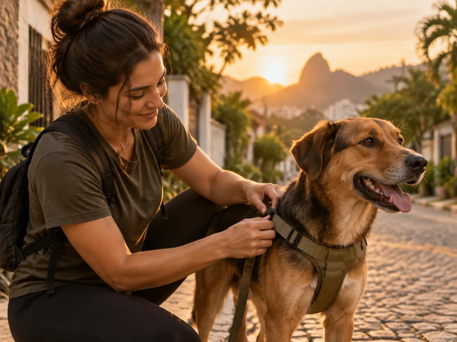 Cuidadora ajustando com atenção o peitoral de um cachorro