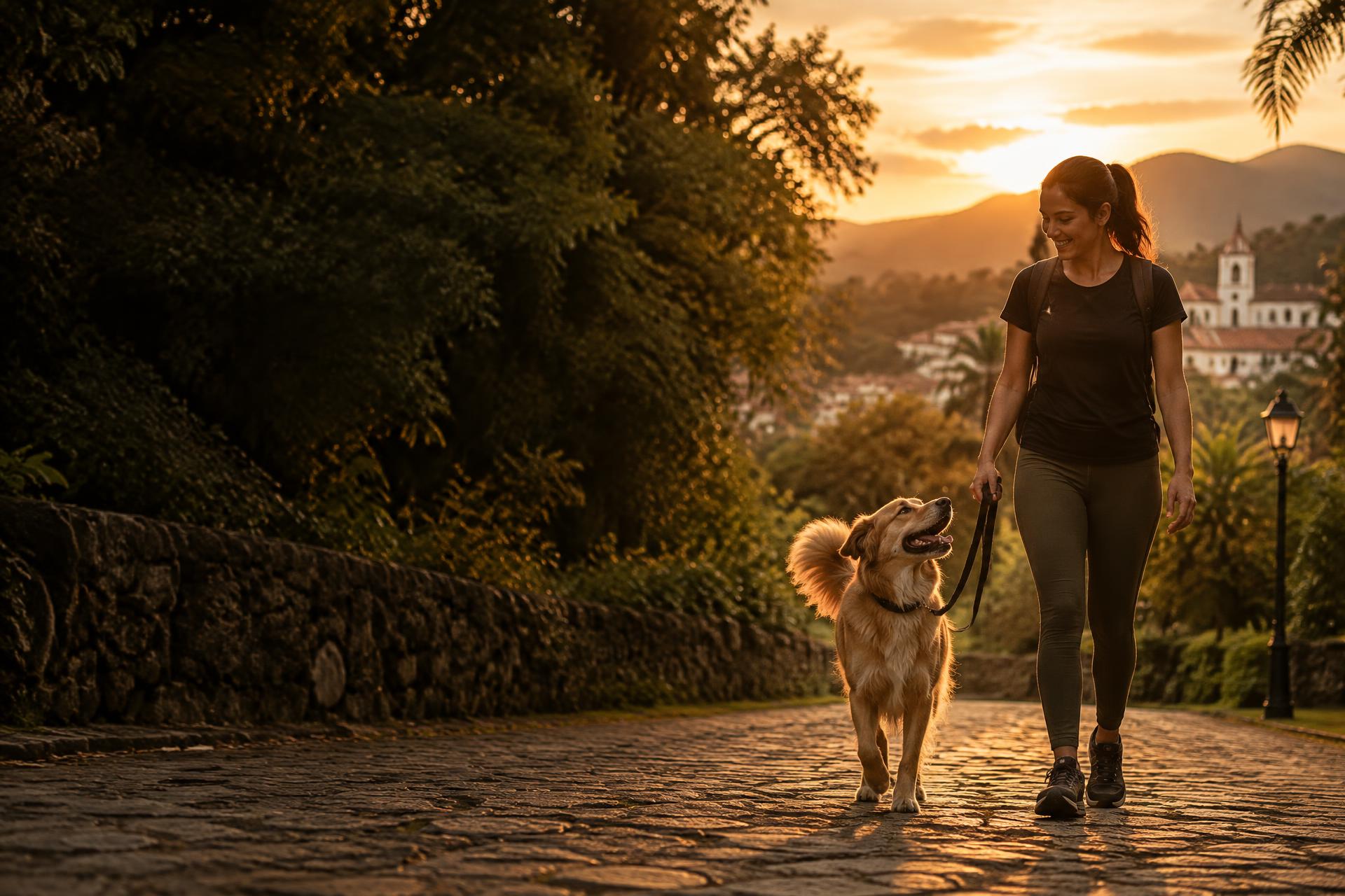 Cão feliz passeando com sua cuidadora ao pôr do sol